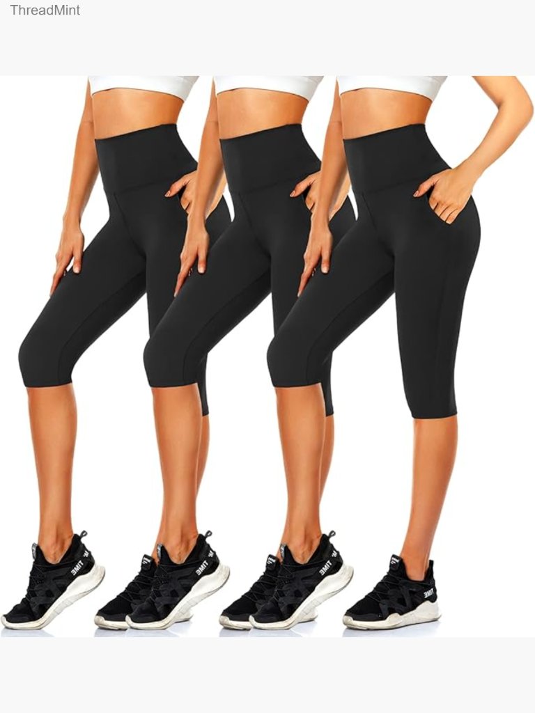 3 Pack Capri Pants With Pockets - High Waisted Knee Length Yoga Leggings